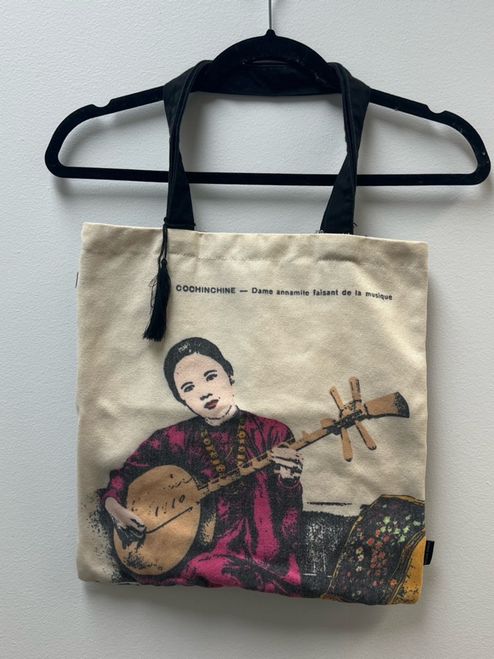 Cream Canvas Tote with Musical Lady Print and Black Handles